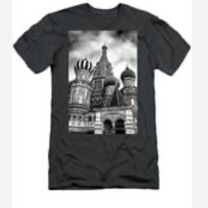 St Basils Cathedral Moscow Russia Blk white framed print on black tee t-shirt XS
